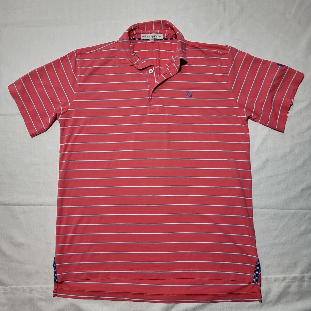 Bald Head Blues Polo Shirt Mens Medium Pink Blue Striped Cotton Blend Stretch